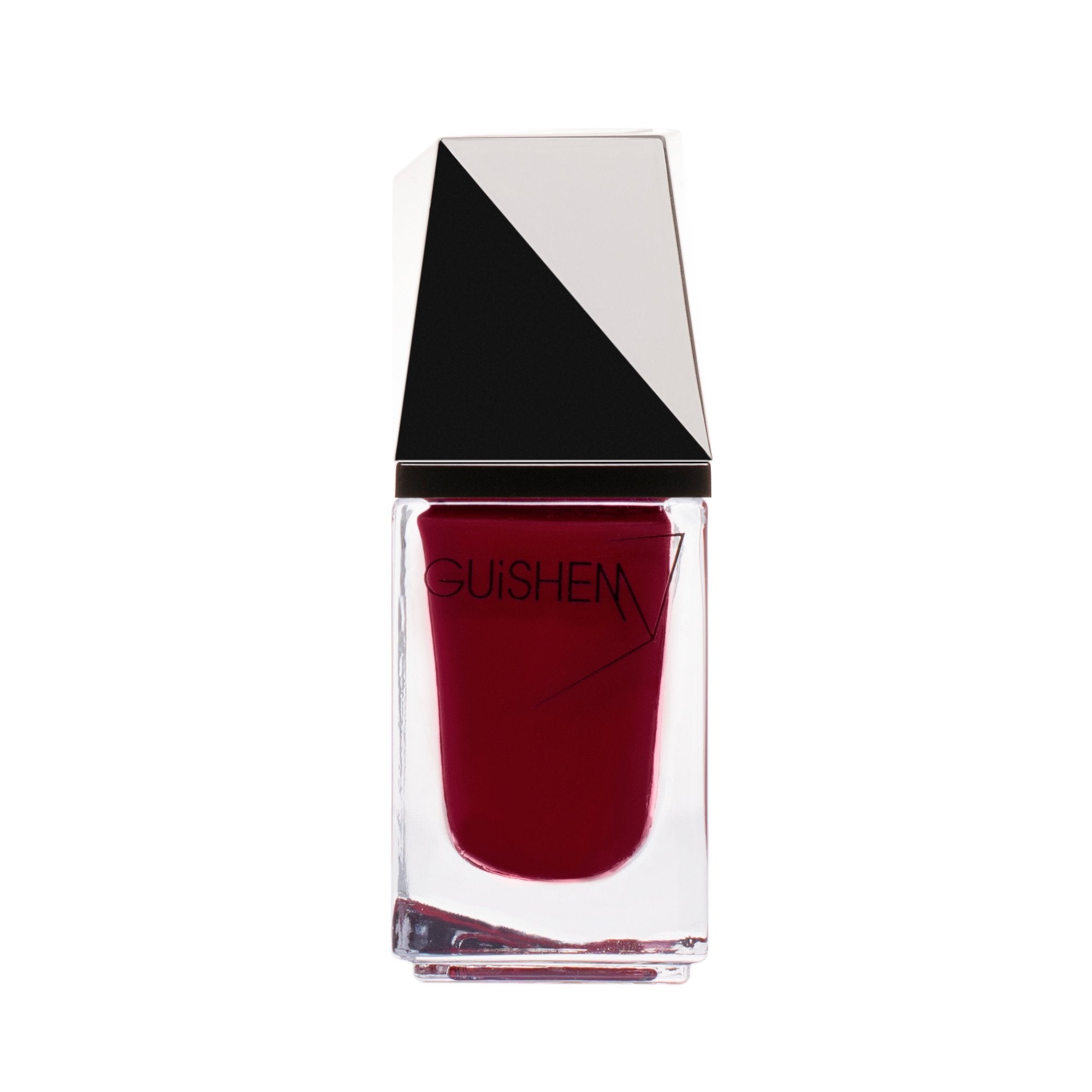 GUiSHEM Premium Nail Lacquer in PICANTE - 270, showcasing a vibrant red blood crème color in a modern glass bottle with a custom brush.