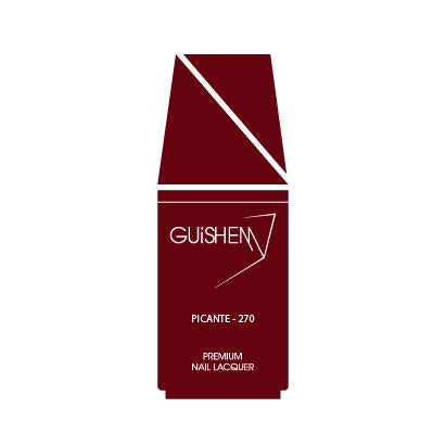 GUiSHEM Premium Nail Lacquer in PICANTE - 270, showcasing a vibrant red blood crème color in a modern glass bottle with a custom brush.