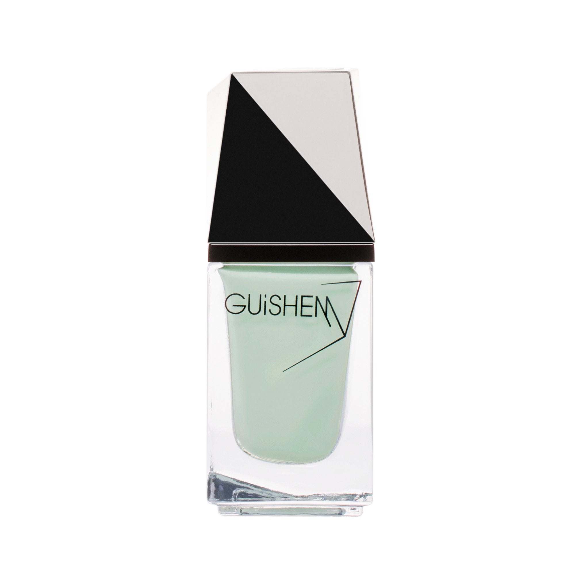 GUiSHEM Premium Nail Lacquer in WHISPER MINT - 181, showcasing a sleek glass bottle with a custom brush, featuring an icy mint crème color.