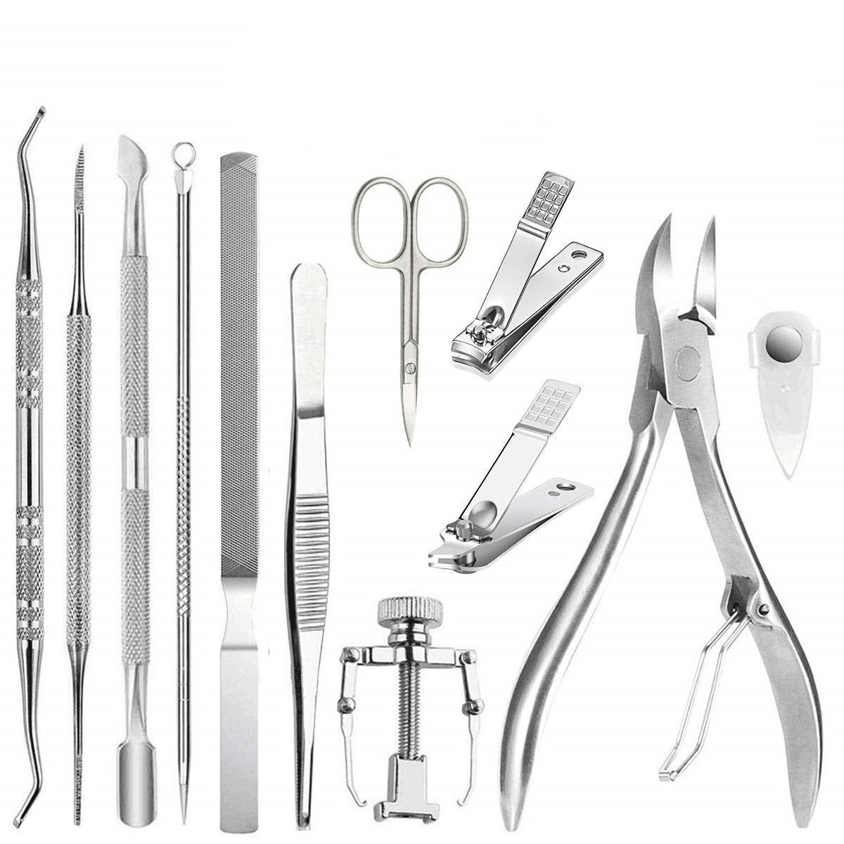 Professional Pedicure Tools Kit featuring various nail care instruments including nippers, clippers, and a toenail corrector, all designed for effective nail treatment.