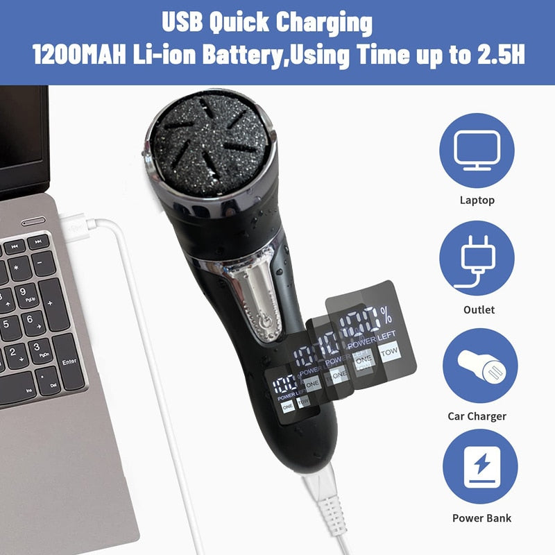 Rechargeable Electric Foot Rasp with vacuum feature, showcasing its sleek design and interchangeable roller heads for effective foot care.