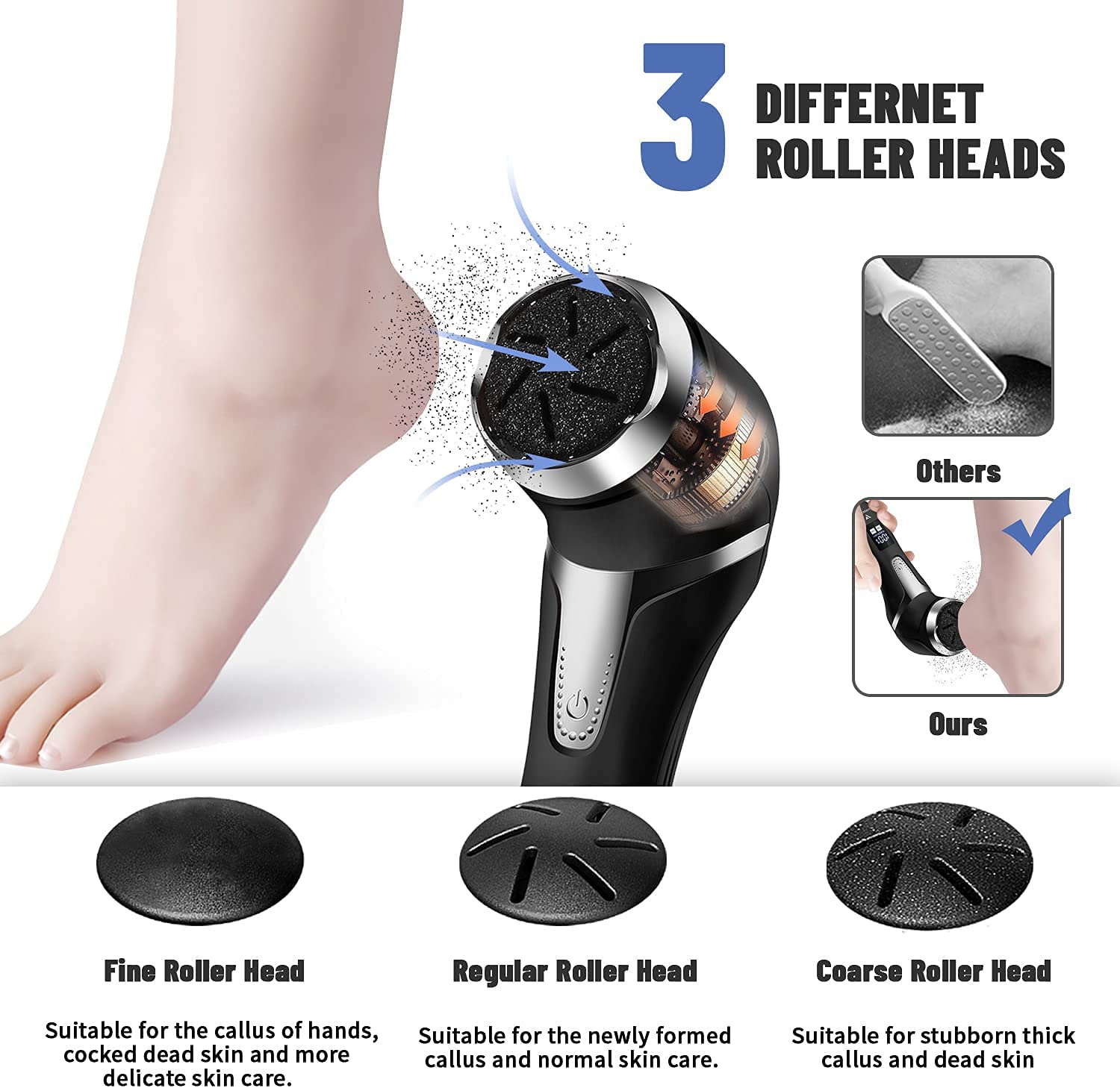 Rechargeable Electric Foot Rasp with vacuum feature, showcasing its sleek design and interchangeable roller heads for effective foot care.