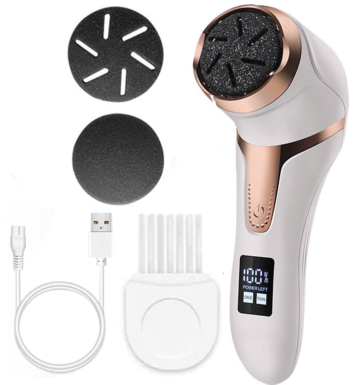 Rechargeable Electric Foot Rasp with vacuum feature, showcasing its sleek design and interchangeable roller heads for effective foot care.