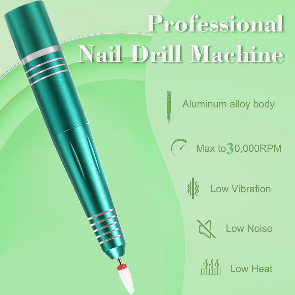 Rechargeable Electric Nail File Cordless Nail Drill Machine with various grinding heads and a sleek aluminum design.
