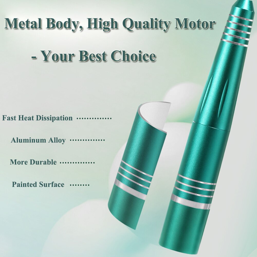 Rechargeable Electric Nail File Cordless Nail Drill Machine with various grinding heads and a sleek aluminum design.