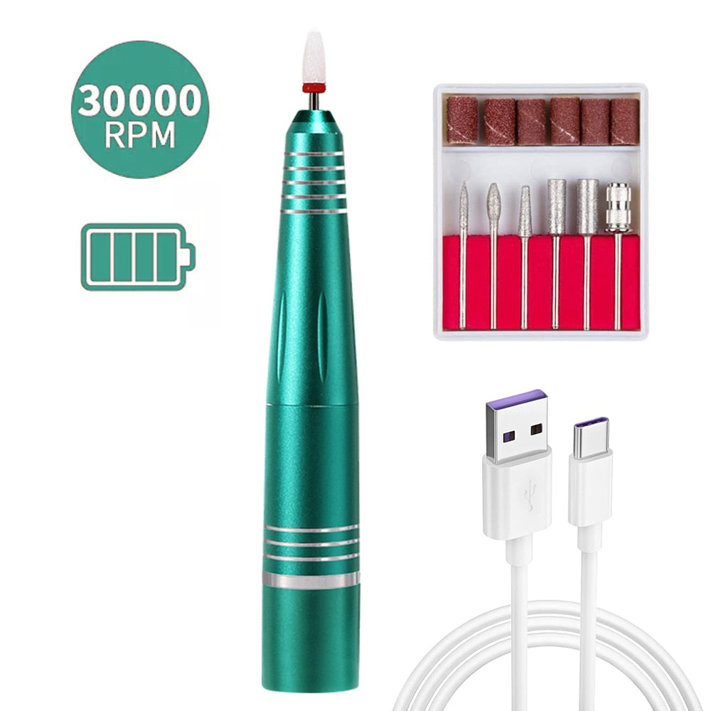 Rechargeable Electric Nail File Cordless Nail Drill Machine with various grinding heads and a sleek aluminum design.
