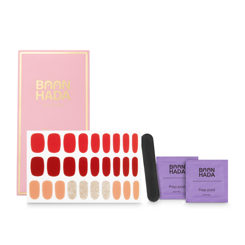 A vibrant pack of Red Party self-adhesive nail polish strips showcasing various creative designs and sizes.