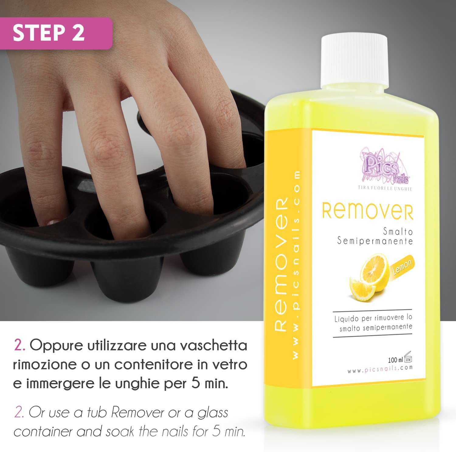 Flacone di Remover Smalto Semipermanente Limone 100 ml con etichetta dettagliata e design elegante, ideale per la rimozione dello smalto semipermanente.