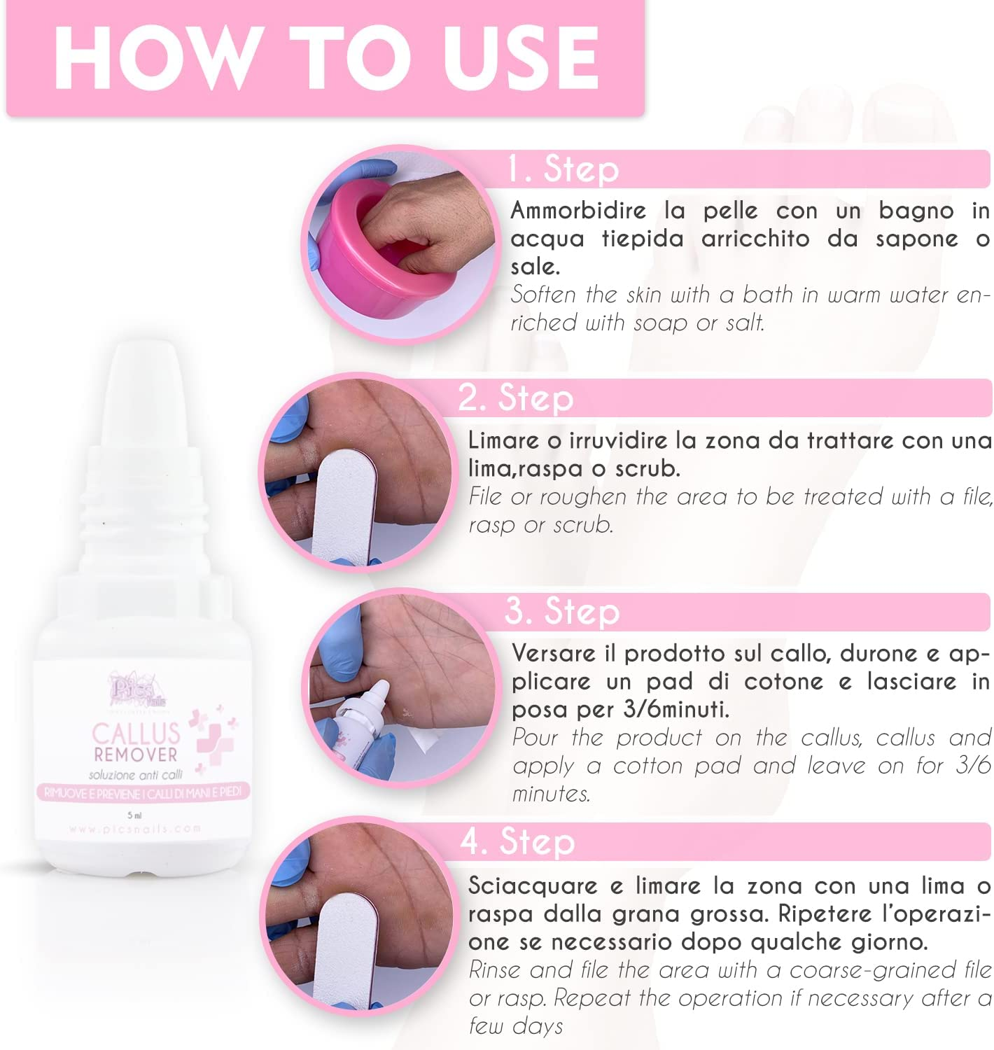 Flacone di Rimuovi Calli Liquido Strong Professionale da 5 ml, prodotto per la rimozione indolore di calli e ispessimenti della pelle.