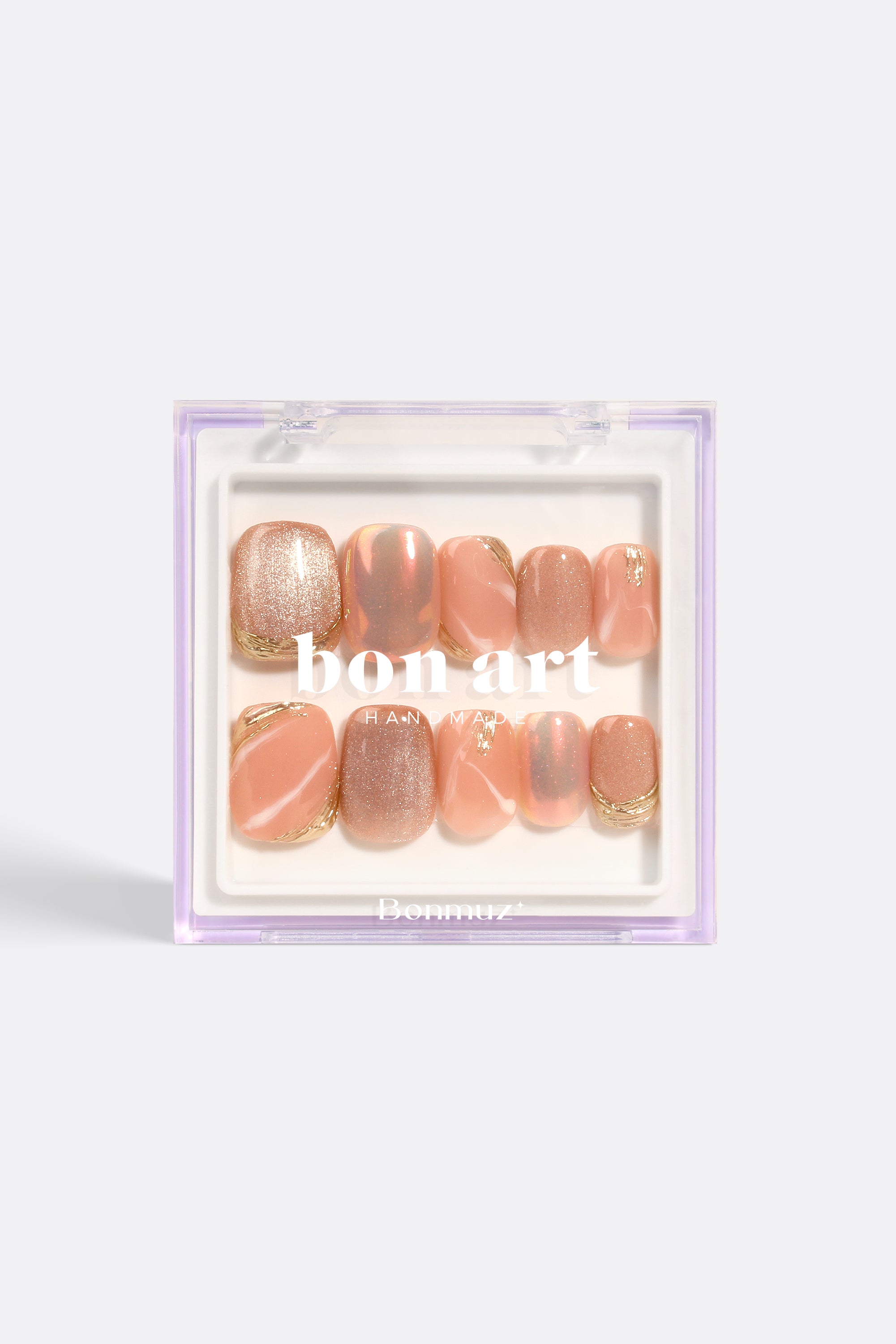 A set of Rose Gold Rush Pro Handmade Gel Nails featuring a shimmering rose gold finish with glittering and metallic accents.