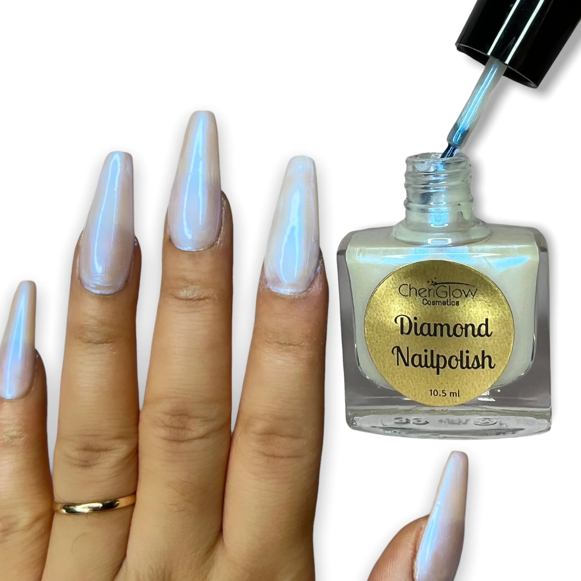 Bottle of Supernova Diamond Nail Polish showcasing blue/violet iridescent duochrome finish.