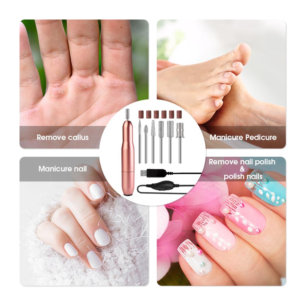 USB Nail Drill Set in rose gold color with six metal bits and USB power cord, ideal for portable nail care.