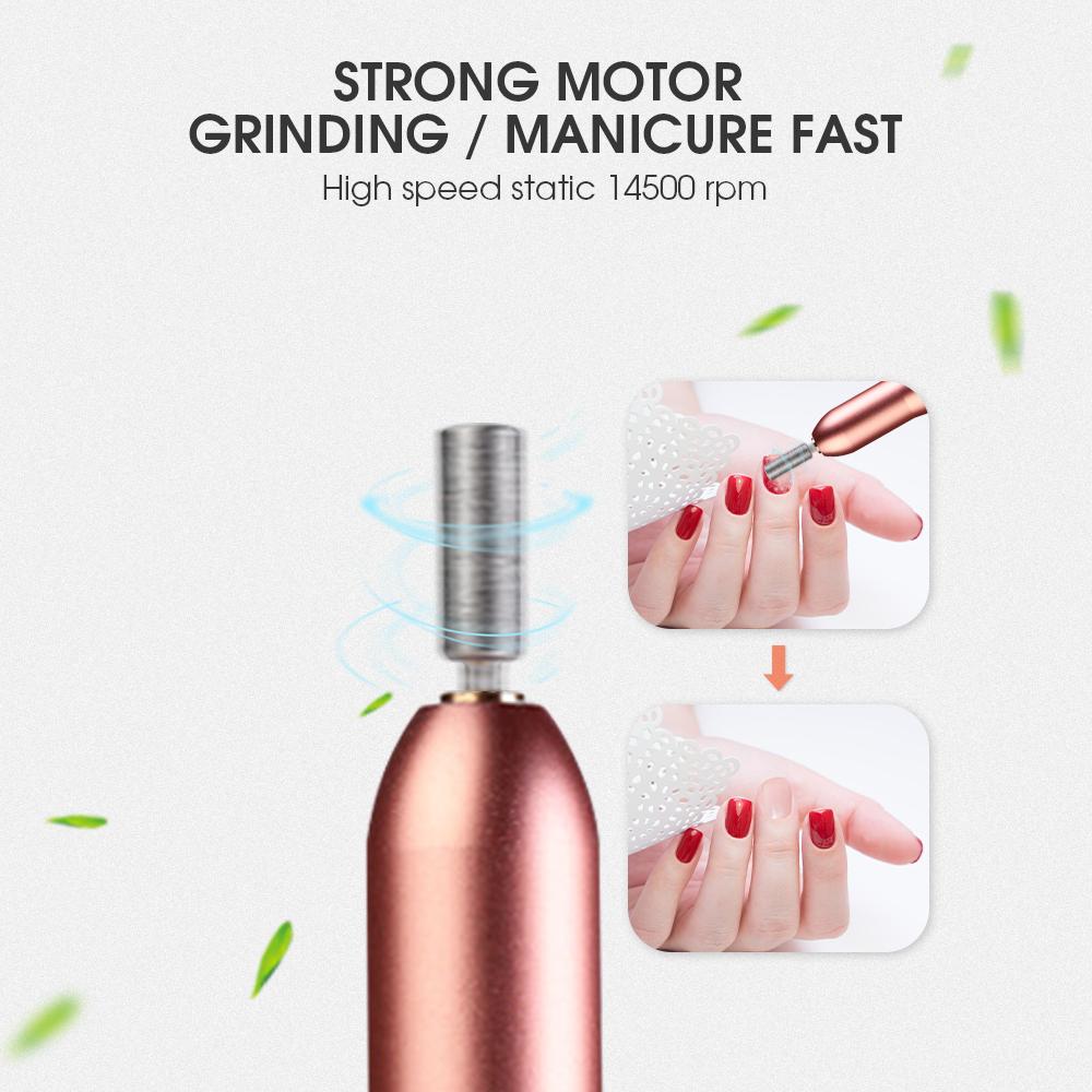 USB Nail Drill Set in rose gold color with six metal bits and USB power cord, ideal for portable nail care.