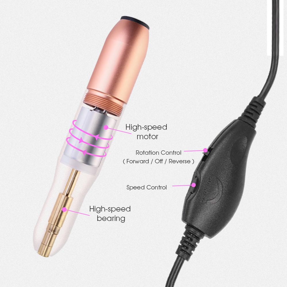 USB Nail Drill Set in rose gold color with six metal bits and USB power cord, ideal for portable nail care.