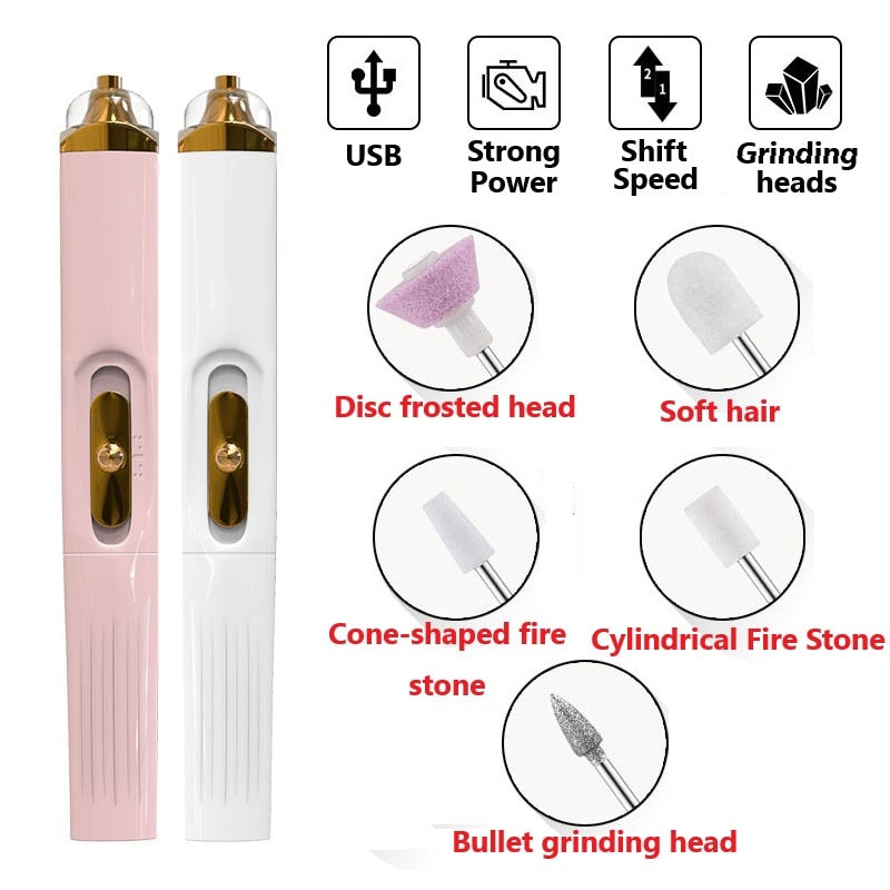 USB Professional Electric Pen-Shape Nail Grinder Machine with multiple grinding heads and USB charging cable.