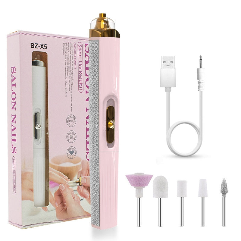 USB Professional Electric Pen-Shape Nail Grinder Machine with multiple grinding heads and USB charging cable.