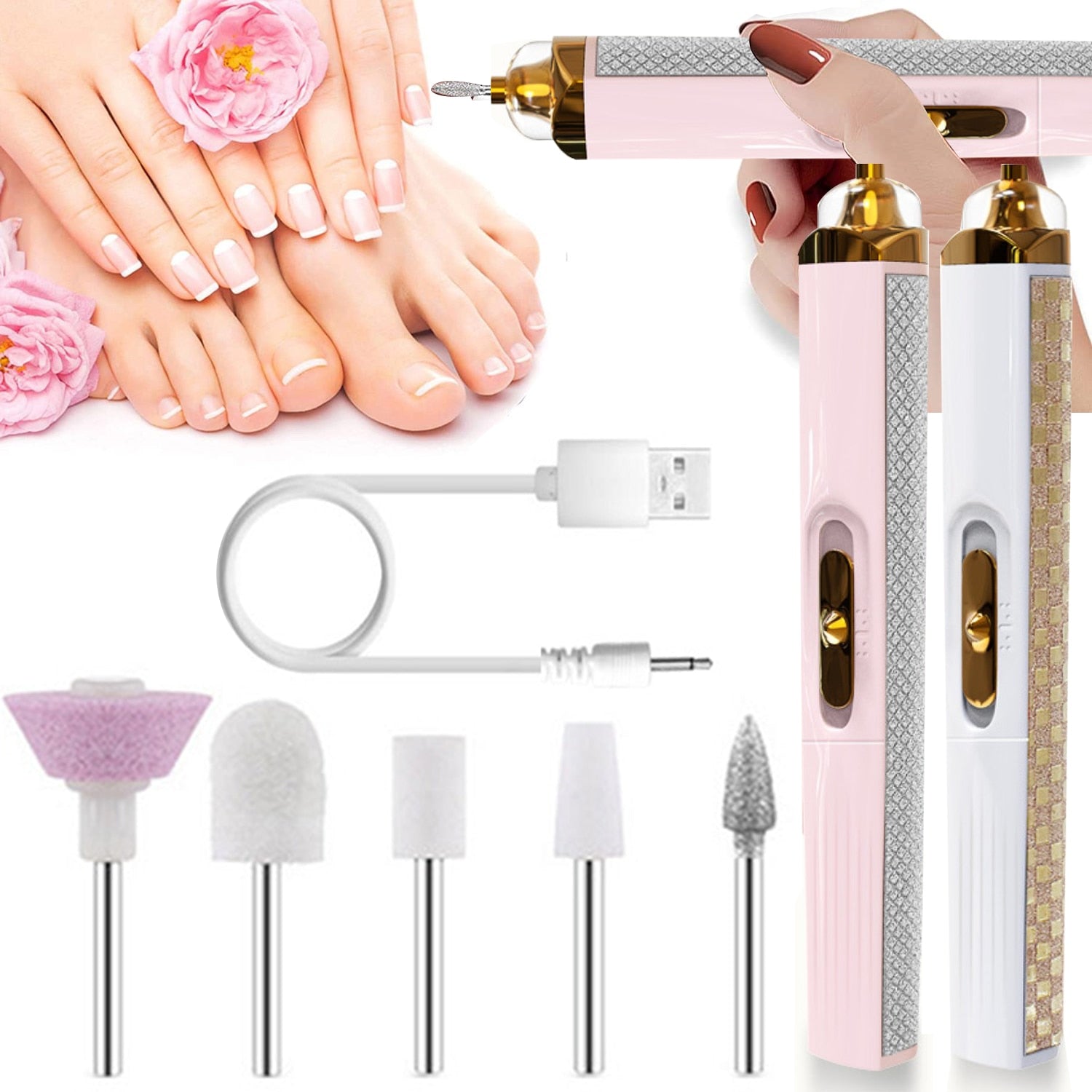 USB Professional Electric Pen-Shape Nail Grinder Machine with LED light and five replaceable grinding heads for nail care.