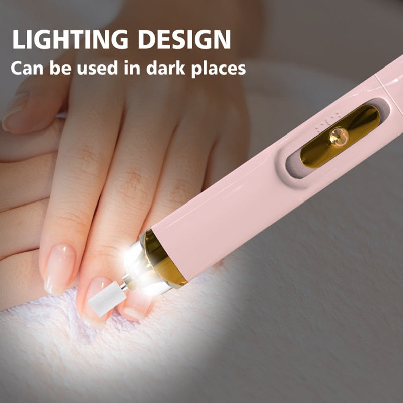 USB Professional Electric Pen-Shape Nail Grinder Machine with LED light and five replaceable grinding heads for nail care.