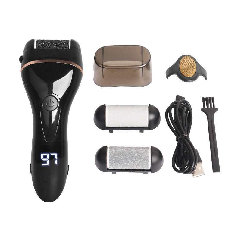 Waterproof USB Rechargeable Electric Pedicure Tool in golden color with multiple grinding heads and USB cable.