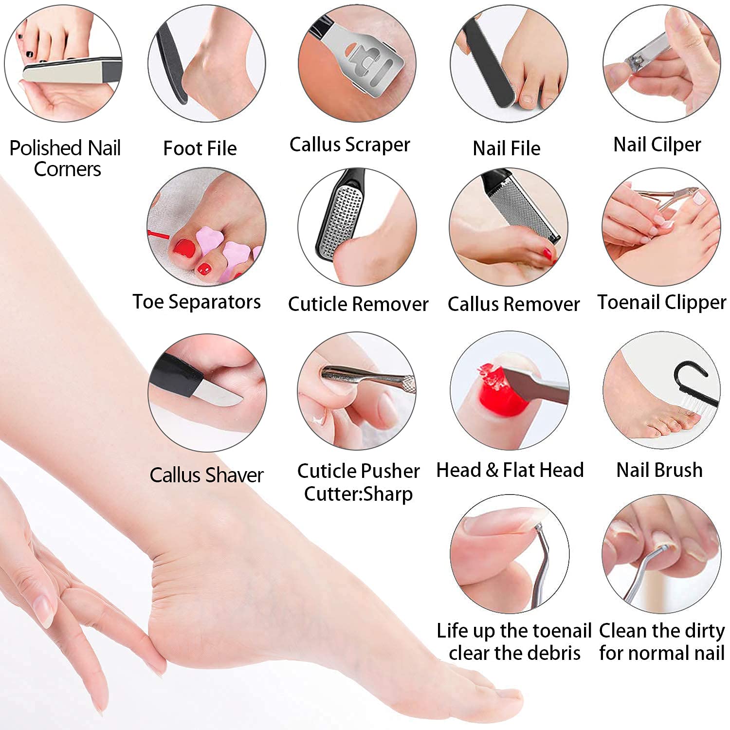 23 in 1 Professional Pedicure Tools Set featuring various stainless steel tools for foot care and nail maintenance.