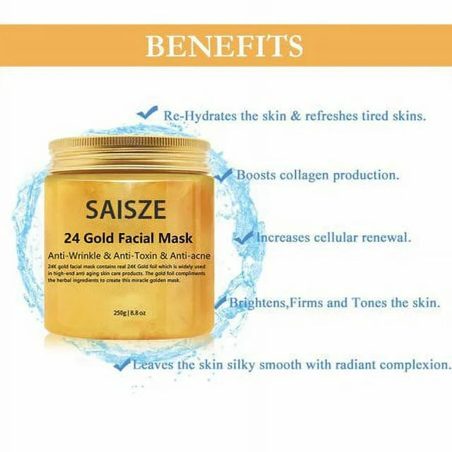 24K Gold Collagen Facial Mask and Gold Serum set, showcasing luxurious packaging and product details.