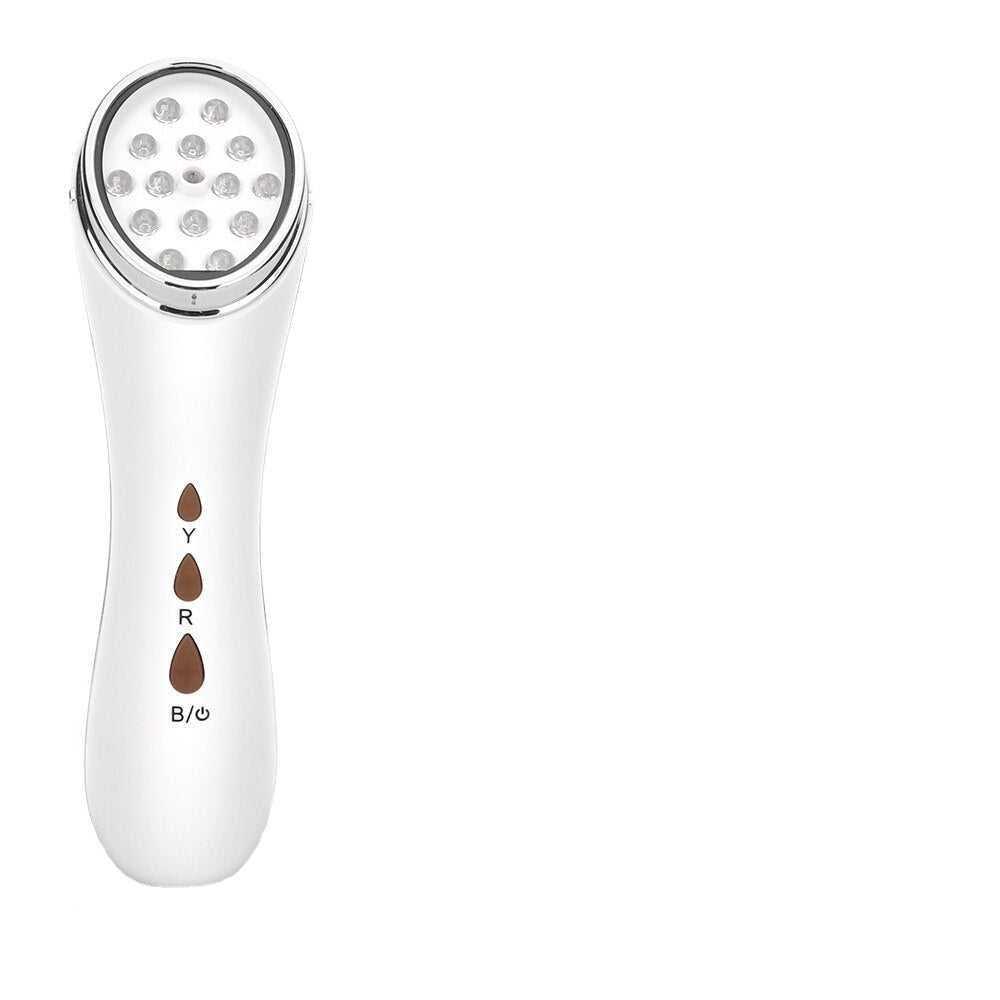 3 Colors LED Facial Beauty Device in white color with charging base and USB cable, designed for skin tightening and rejuvenation.