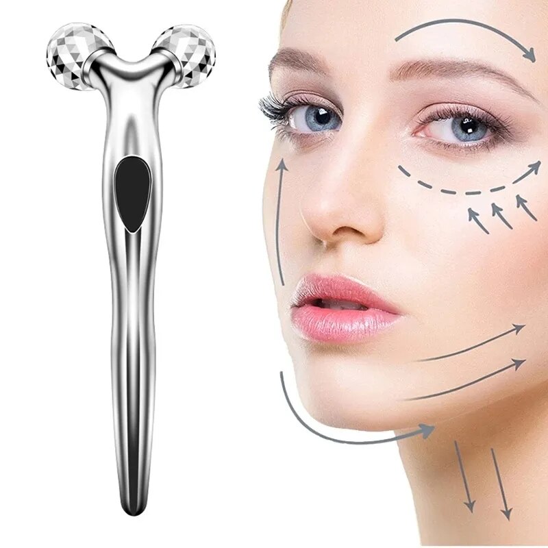 3D Face Lift Roller Massager with 360° rotating design in silver, pink, and gold colors, showcasing ergonomic curved handle.