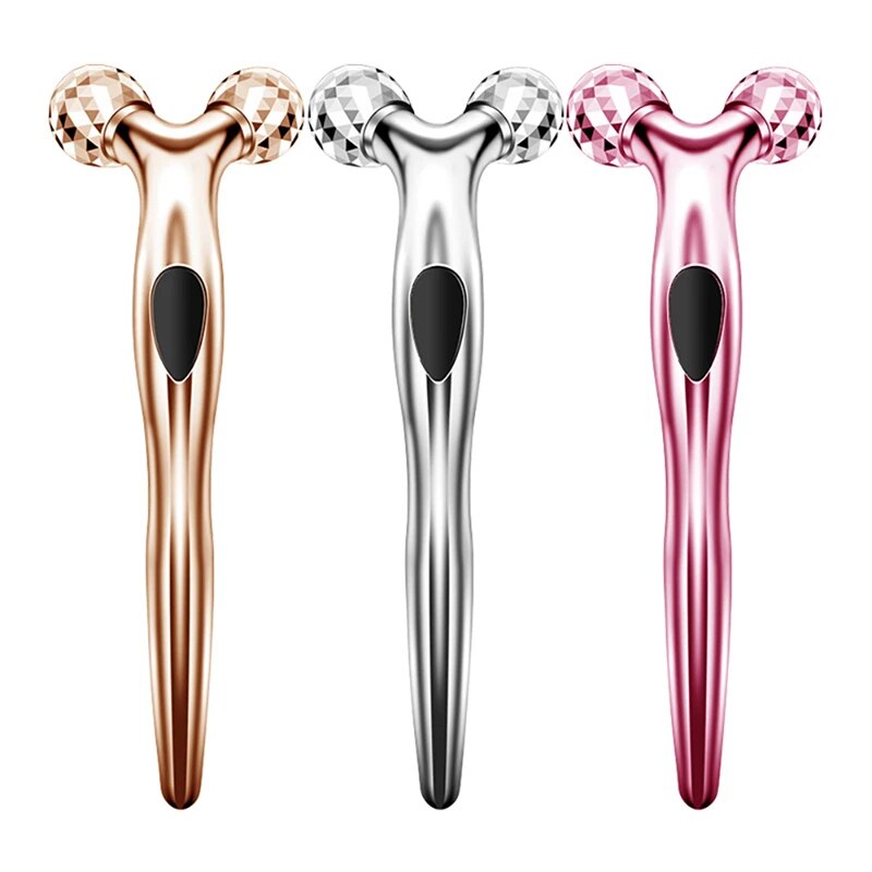 3D Face Lift Roller Massager with 360° rotating design in silver, pink, and gold colors, showcasing ergonomic curved handle.