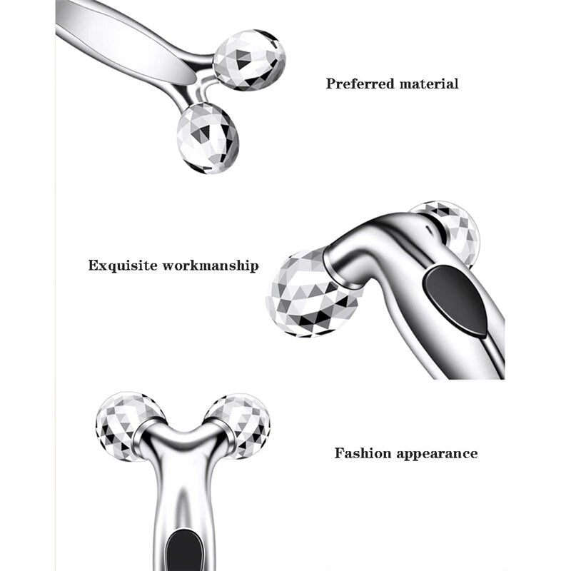 3D Face Lift Roller Massager with 360° rotating design in silver, pink, and gold colors, showcasing ergonomic curved handle.