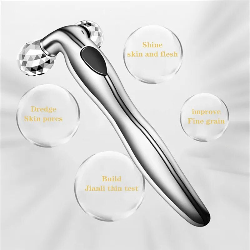3D Face Lift Roller Massager with 360° rotating design in silver, pink, and gold colors, showcasing ergonomic curved handle.