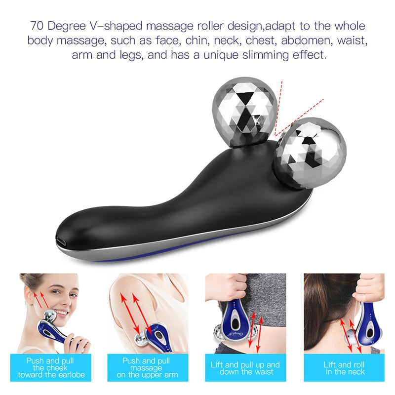 3D Roller Face Massager in blue color, designed for facial and body slimming with adjustable gears and USB charging.