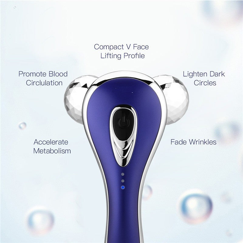 3D Roller Face Massager in blue color, designed for facial and body slimming with adjustable gears and USB charging.