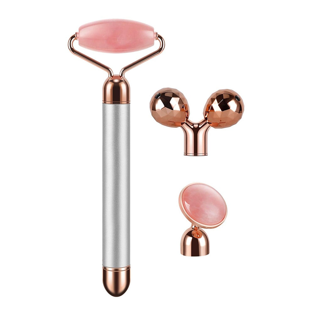 3-in-1 Electric Rose Quartz Jade Roller and Face Massager Set with three attachment heads for facial and body massage.