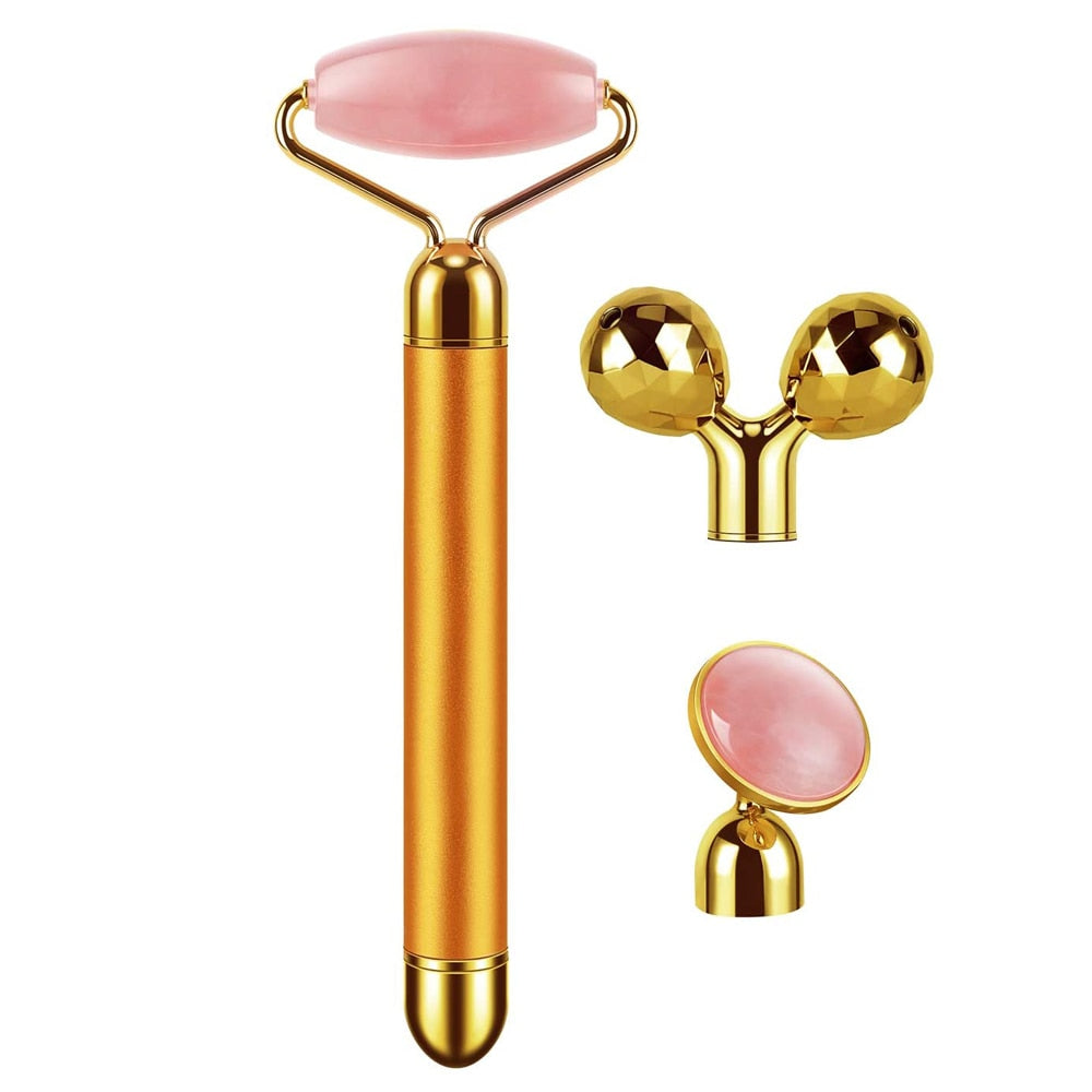 3-in-1 Electric Rose Quartz Jade Roller and Face Massager Set with three attachment heads for facial and body massage.