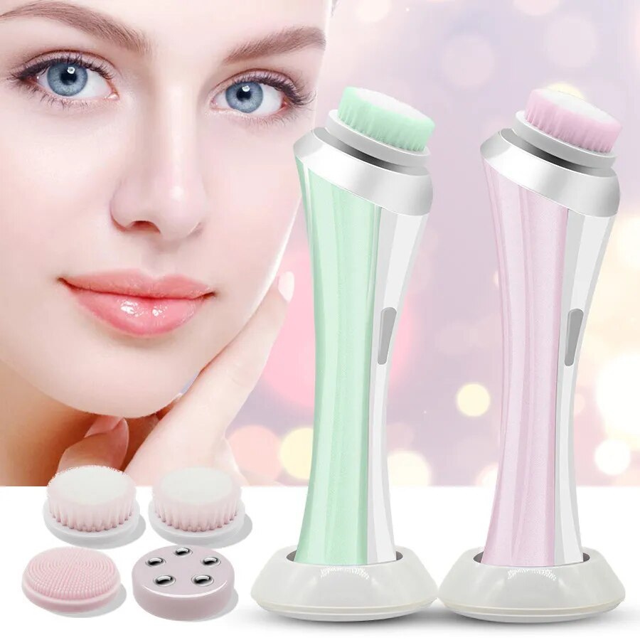 4 in 1 Electric Facial Cleanser in pink and green colors with interchangeable brush heads and USB charging cable.