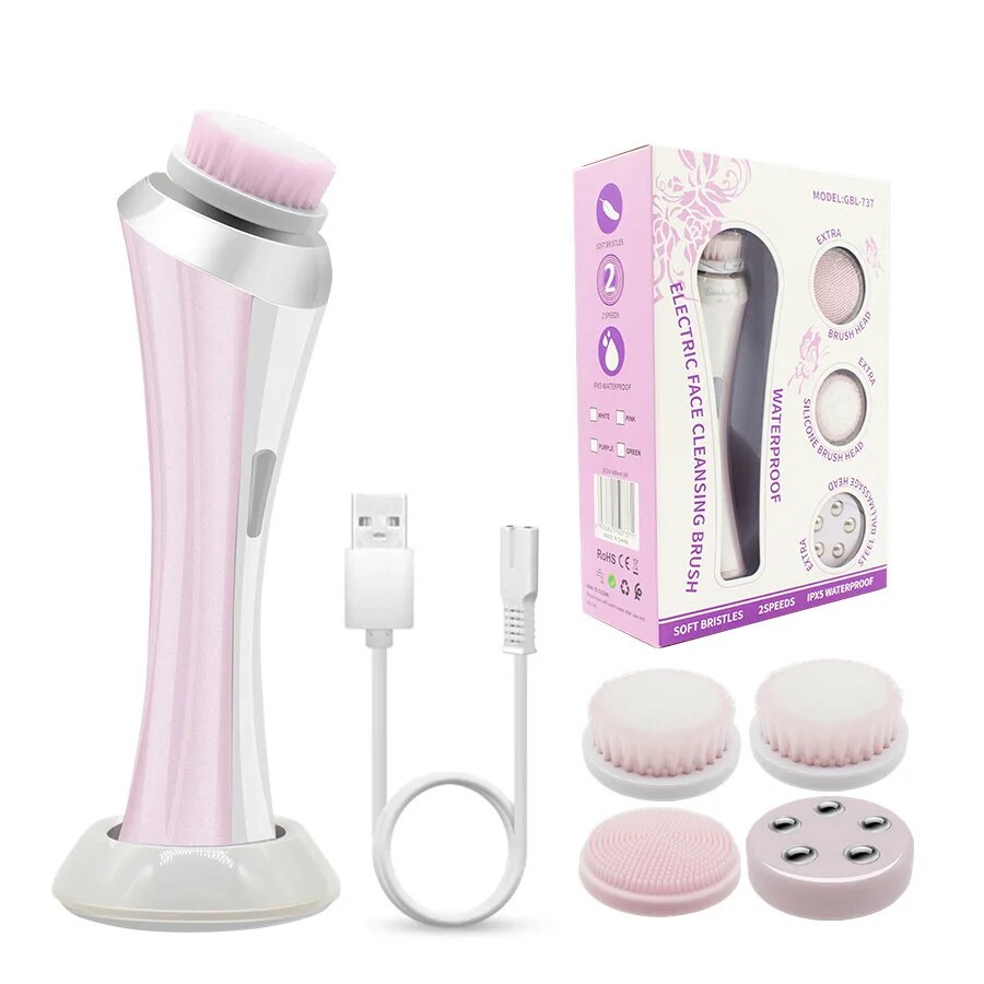 4 in 1 Electric Facial Cleanser in pink and green colors with interchangeable brush heads and USB charging cable.