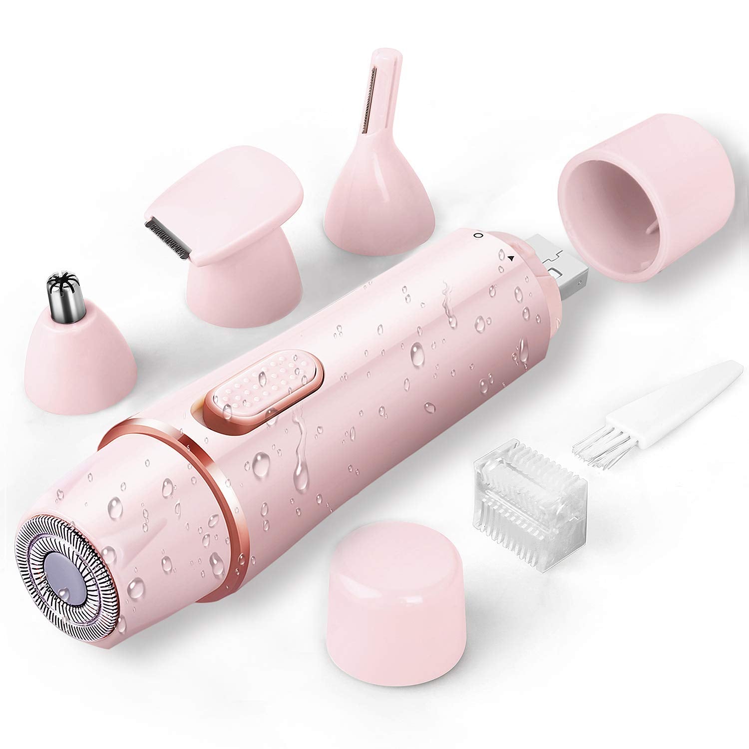 4 in 1 Electric Shaver for Women with interchangeable trimmer heads for body, eyebrow, nose, and facial hair removal.