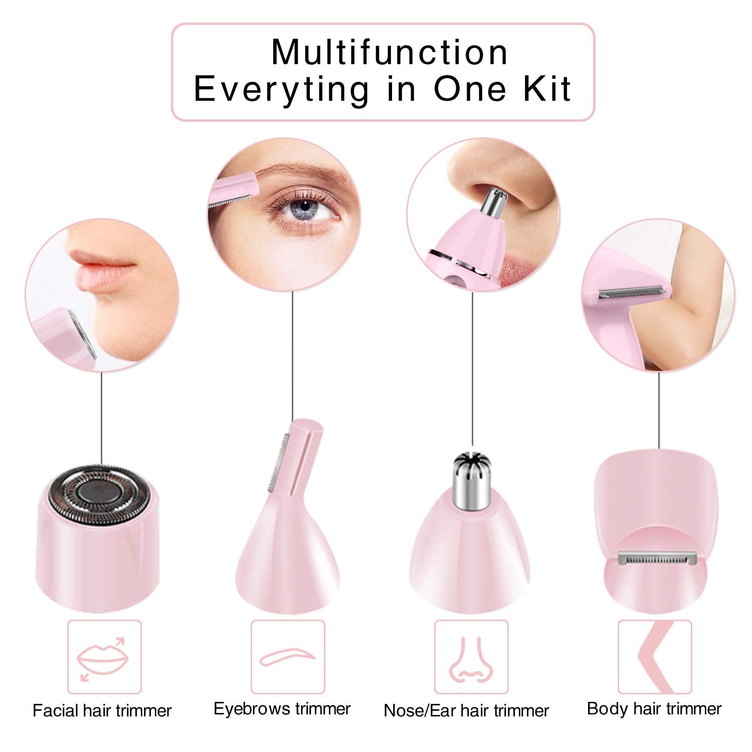 4 in 1 Electric Shaver for Women with interchangeable trimmer heads for body, eyebrow, nose, and facial hair removal.