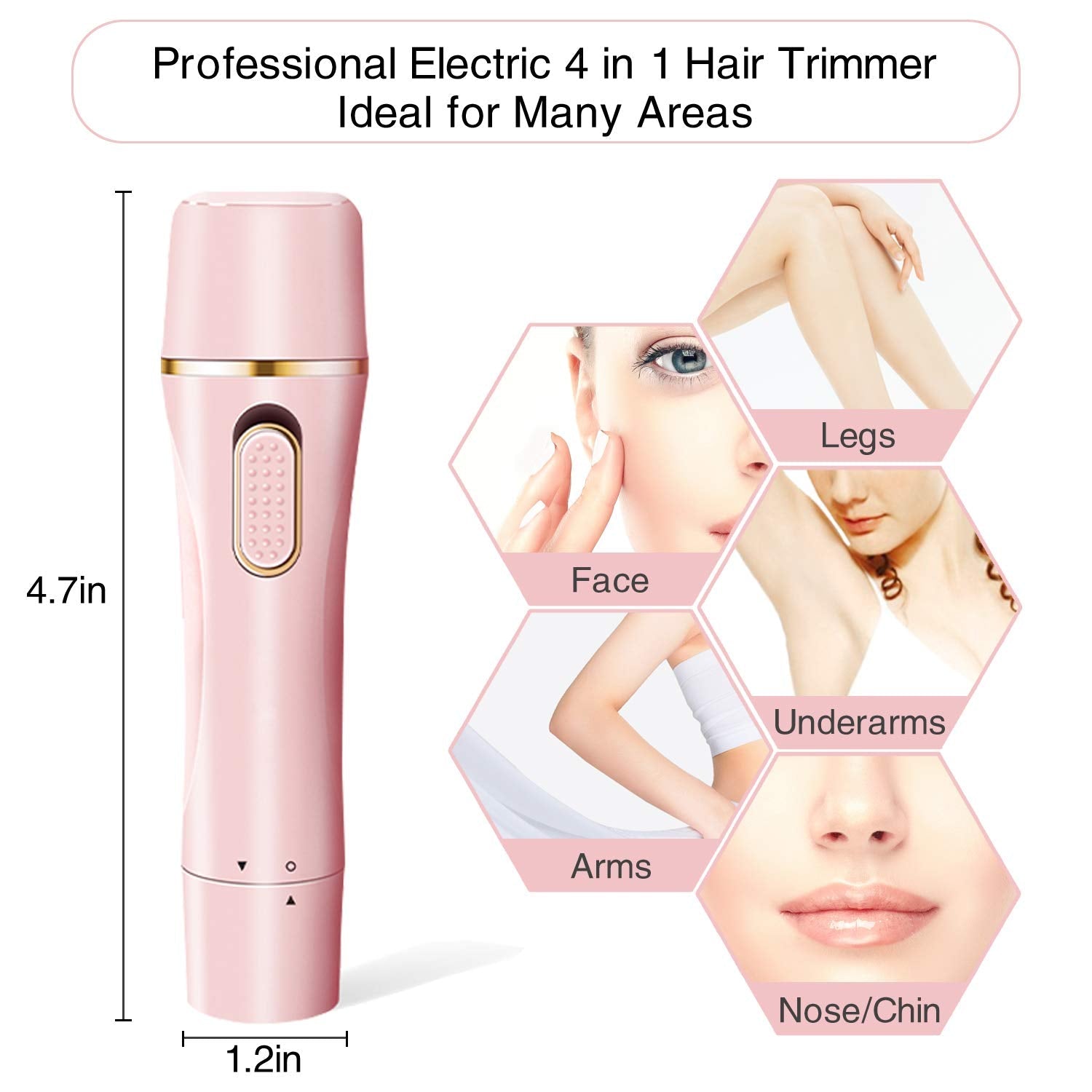 4 in 1 Electric Shaver for Women with interchangeable trimmer heads for body, eyebrow, nose, and facial hair removal.