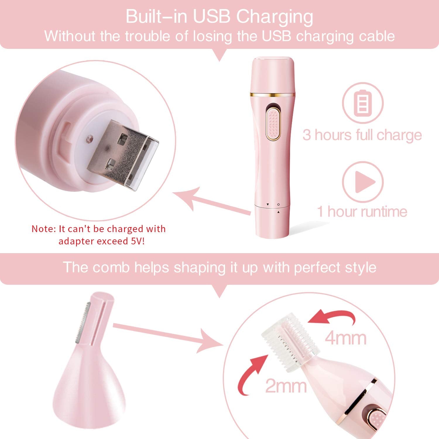 4 in 1 Electric Shaver for Women with interchangeable trimmer heads for body, eyebrow, nose, and facial hair removal.
