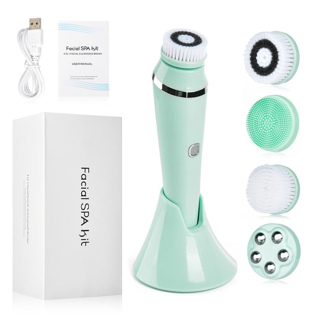 4 in 1 Facial Cleansing Brush with four interchangeable heads, USB charging cable, and user manual, showcasing its ergonomic design and waterproof features.