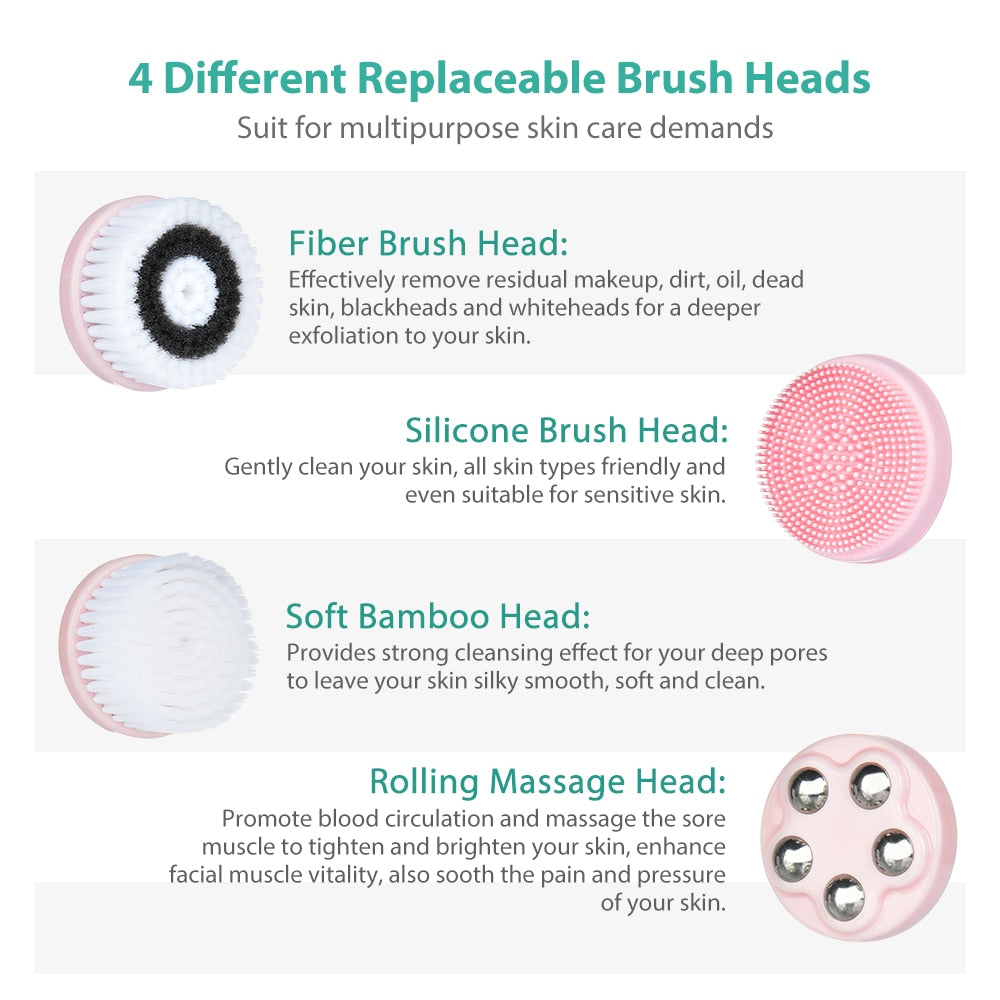 4 in 1 Facial Cleansing Brush with four interchangeable heads, USB charging cable, and user manual, showcasing its ergonomic design and waterproof features.