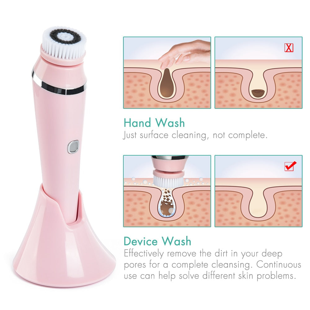 4 in 1 Facial Cleansing Brush with four interchangeable heads, USB charging cable, and user manual, showcasing its ergonomic design and waterproof features.
