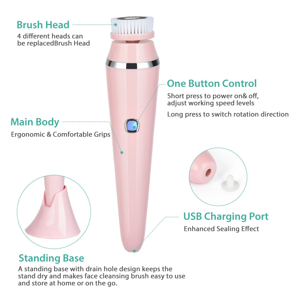 4 in 1 Facial Cleansing Brush with four interchangeable heads, USB charging cable, and user manual, showcasing its ergonomic design and waterproof features.