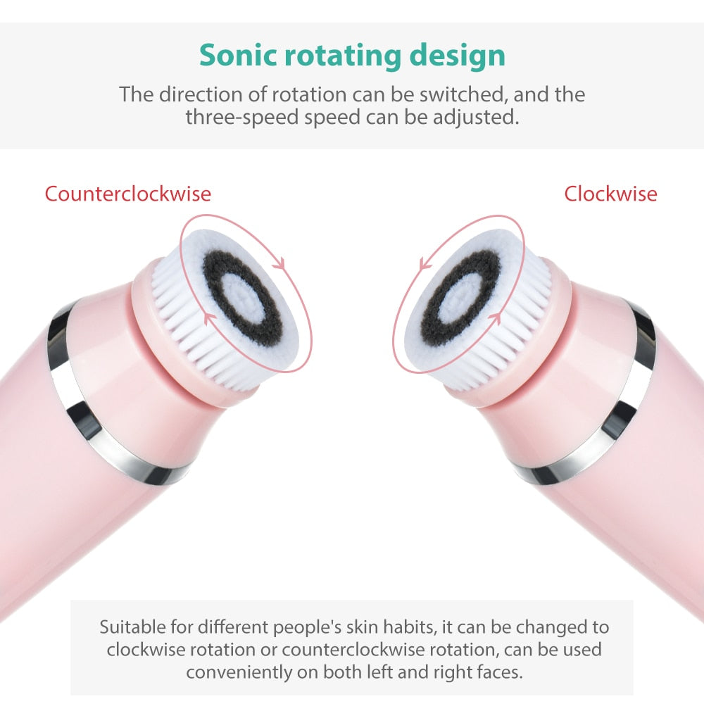 4 in 1 Facial Cleansing Brush with four interchangeable heads, USB charging cable, and user manual, showcasing its ergonomic design and waterproof features.