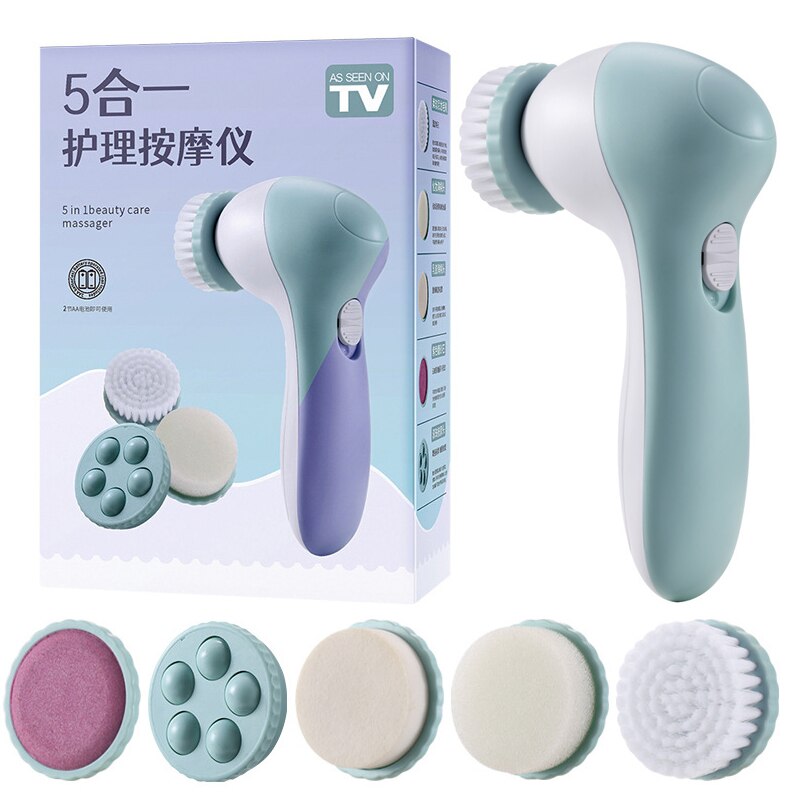 5 In 1 Electric Exfoliating Facial Cleansing Brush in purple and green with multiple attachments for skincare.