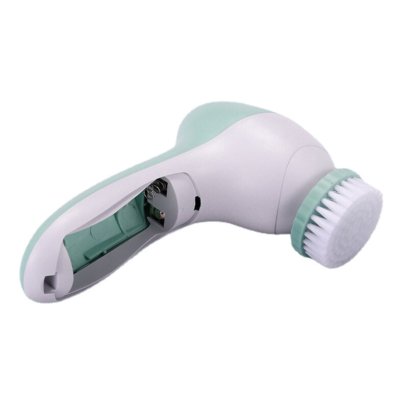 5 In 1 Electric Exfoliating Facial Cleansing Brush in purple and green with multiple attachments for skincare.