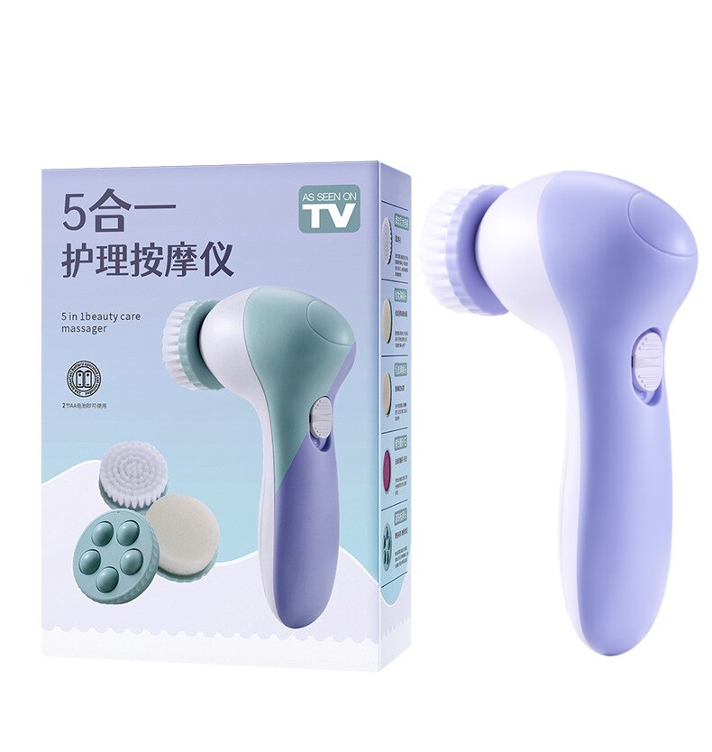 5 In 1 Electric Exfoliating Facial Cleansing Brush in purple and green with multiple attachments for skincare.