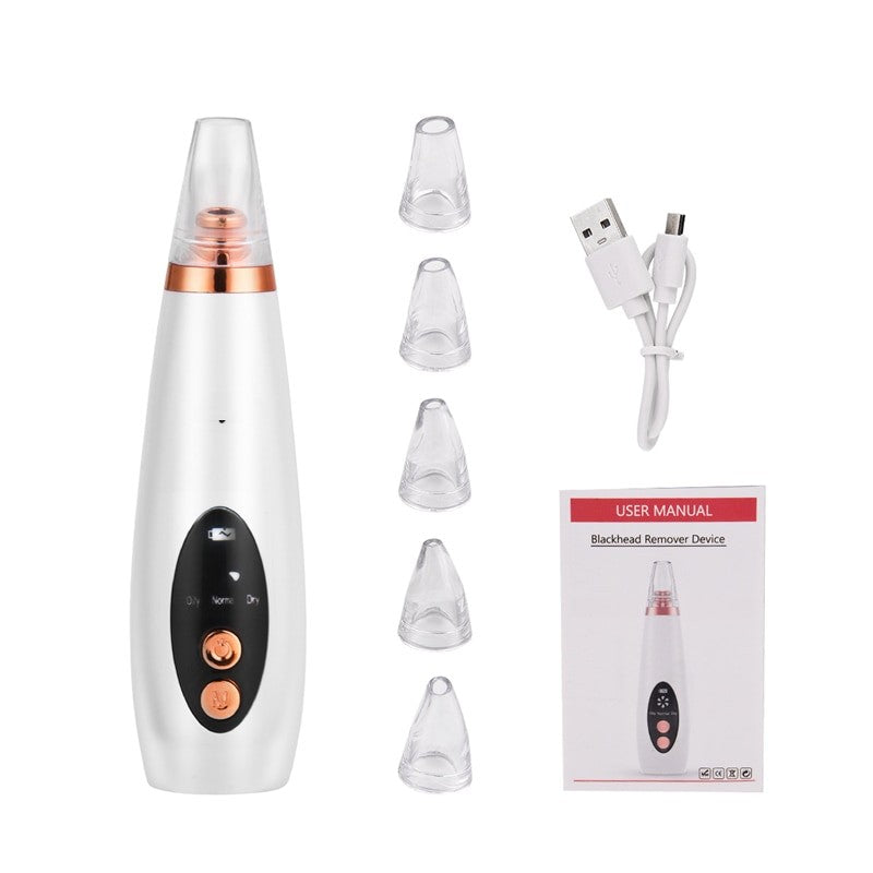 6 In 1 Electric Facial Blackhead Remover with multiple tips and USB charging cable, designed for effective skin care and acne removal.