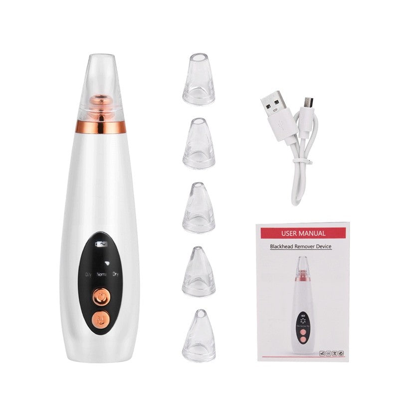 6 In 1 Electric Facial Blackhead Remover with multiple tips and USB charging cable, designed for effective pore cleaning and skincare.